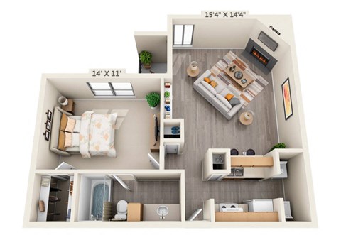 This is a 3D floor plan of a 692 square foot 1 bedroom, 1 bath apartment at Cambridge Court Apartments in Dallas, TX.